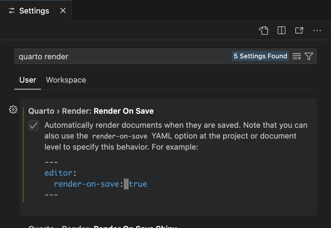 The Positron Quarto render settings. The Render on Save option is checked.